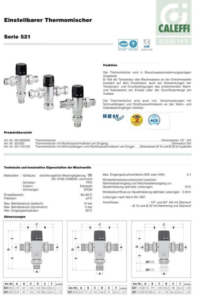 Caleffi Brauchwassermischer thermostatisch 3/4'' 30 bis 65C° (521500), Bild 8