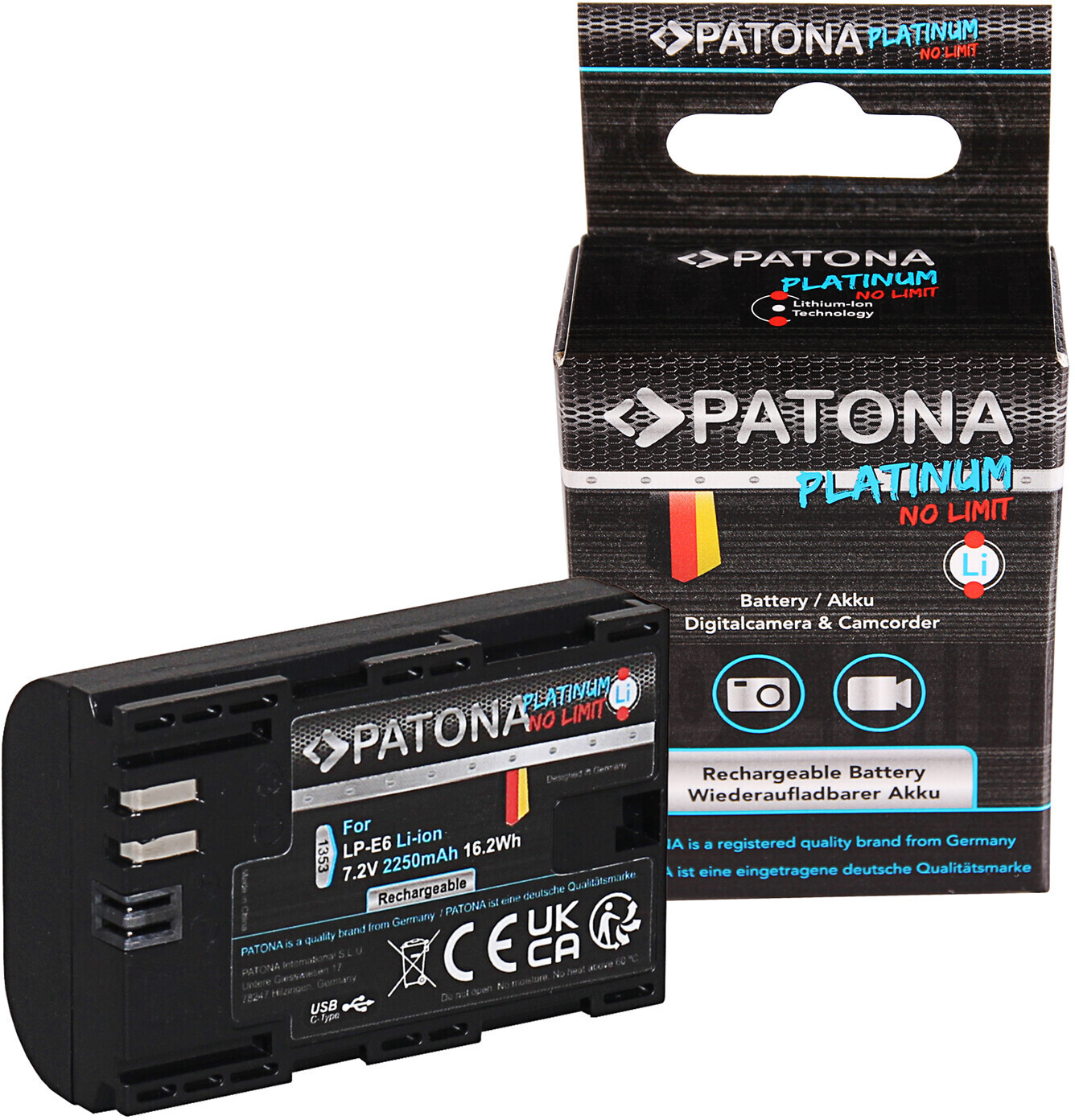 Patona Platinum Replacement Battery for Canon LP-E6 with USB-C (2250mAh)