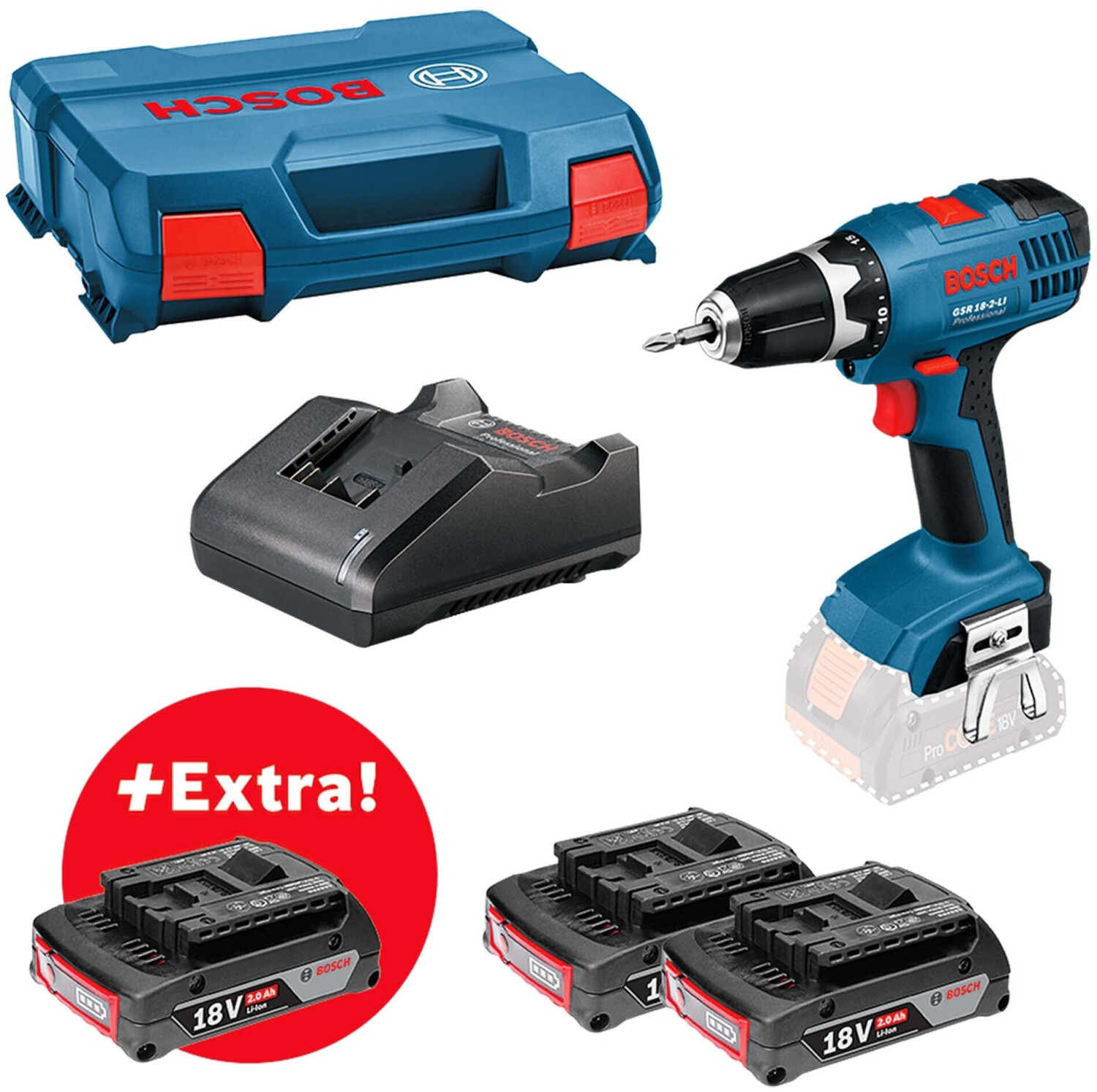 Bosch GSR 18-2-Li Professional 3 x 2,0 AH + batteries + chargeur + Box (0615990L8C)