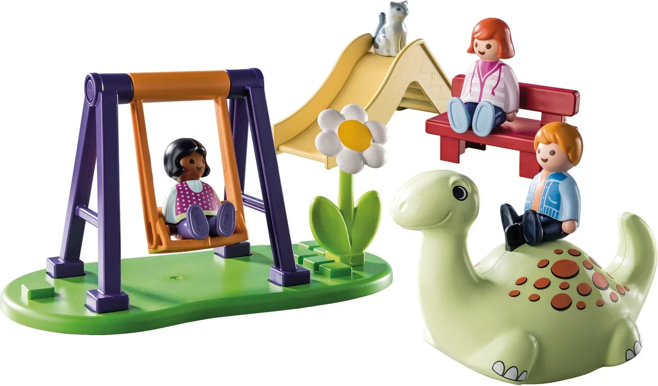 Playmobil 1.2.3 71157 Aire de Jeux - avec Trois Personnages, Une  balançoire, Un Toboggan et Un Dinosaure à Bascule - Mes Premiers Apprendre  en s'amusant - pour Les Tout-Petits 18-36 Mois 