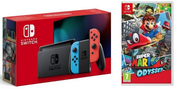 Nintendo Switch black + Joy-Con neon red/neon blue + Super Mario Odyssey