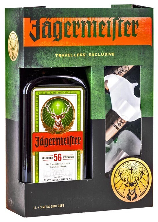 Jägermeister TRAVELLERS' EXCLUSIVE 1L 35% Geschenkbox + 3x Metal