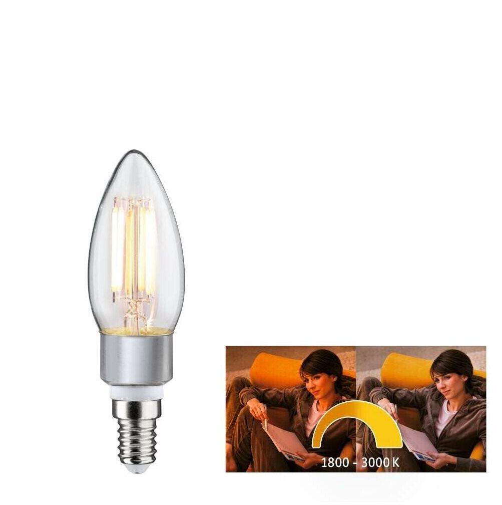 Paulmann LED Filament Kerze B35 E14 5W 1800-3000K 470lm dim-to-warm  klar/grau (28777) ab 6,88 €