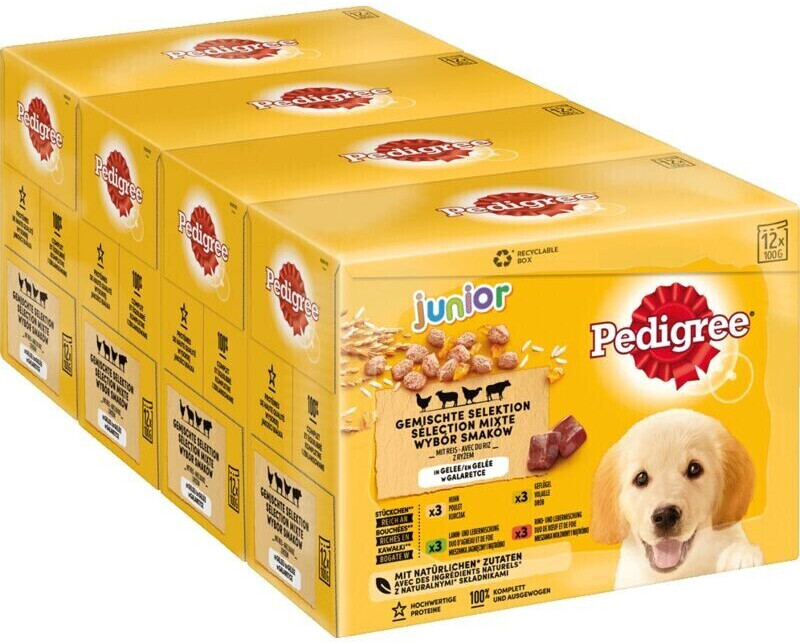 Pedigree Dog junior Mixed Selection Beef Chicken Poultry and Lamb Wet Food 4x12x100g