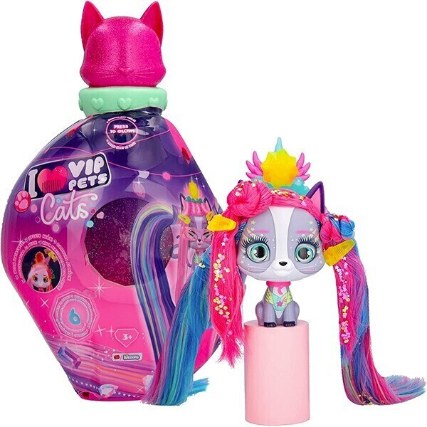 VIP Pets Cats Elektra - Bambola Gattina Che Brilla Al Buio, Con 15 Accessori, Torcia UV E Playset A Forma Di Shampoo, Per Bambini +3 Anni