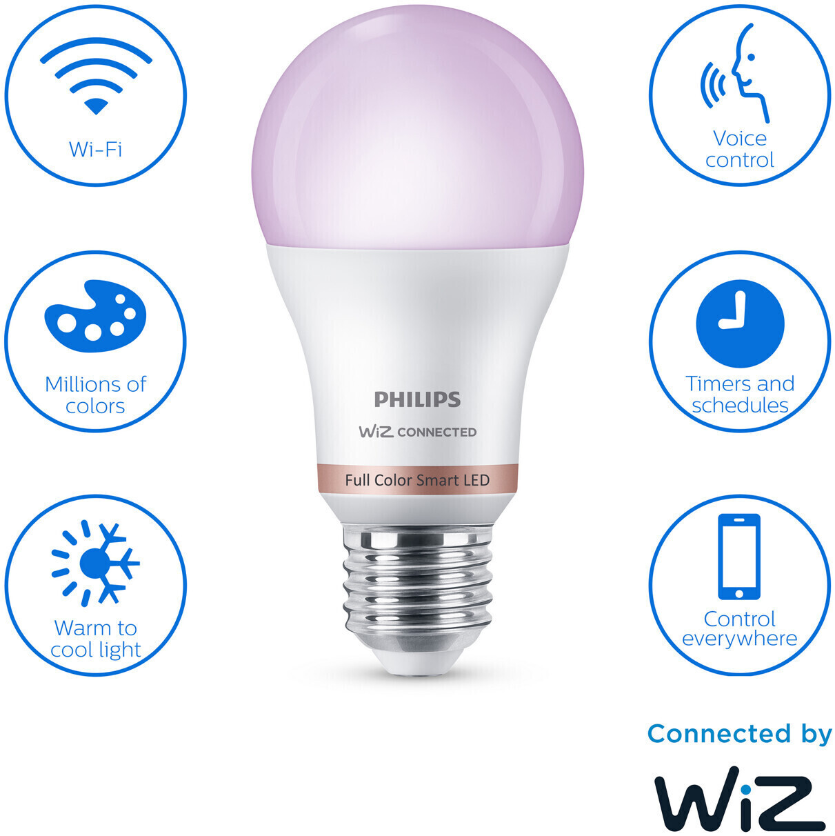 Bombilla inteligente  Wiz A60 60W E27, Luz blanca y color, WiFi y