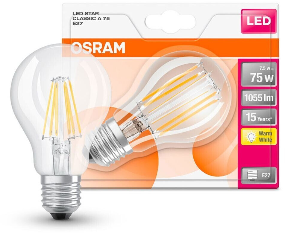 Osram BASE Classic 3er-Pack Filament E27 7,5W(75W) 1055 lm warmweiß 2700K  (AC32353) ab 7,79 €