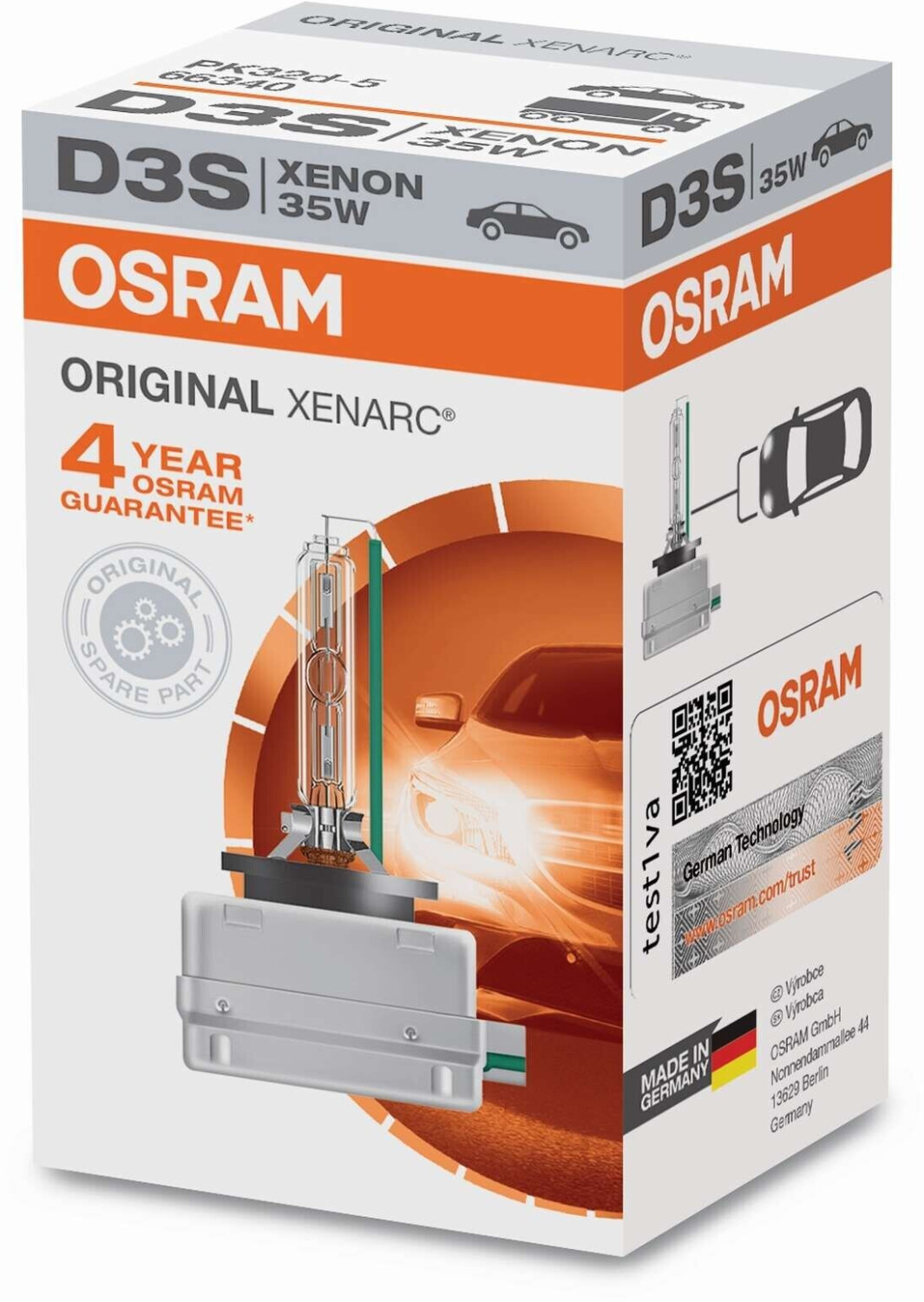 Osram XENARC ORIGINAL D3S HID Xenon-Brenner, Entladungslampe,  Erstausrüsterqualität OEM, 66340HBI, Faltschachtel (1 Stück), Weiß