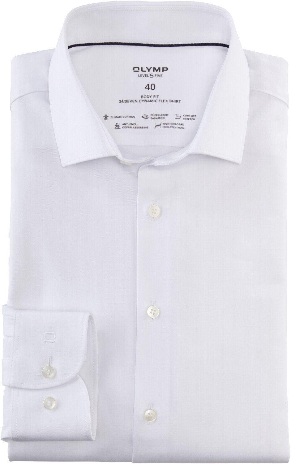 OLYMP Level Five Men's Business Shirt - Long Sleeve, Body Fit, Royal Kent Collar, 97% Cotton 3% Elastolefin, White