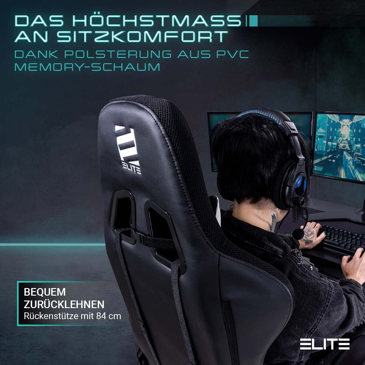 ELITE Gaming-Stuhl DESTINY, Rücken- und Nackenkissen, Wippmechanik, bis  170kg, Sitzhöhe 45-55, MG200 (Schwarz/Grün) bei Marktkauf online bestellen