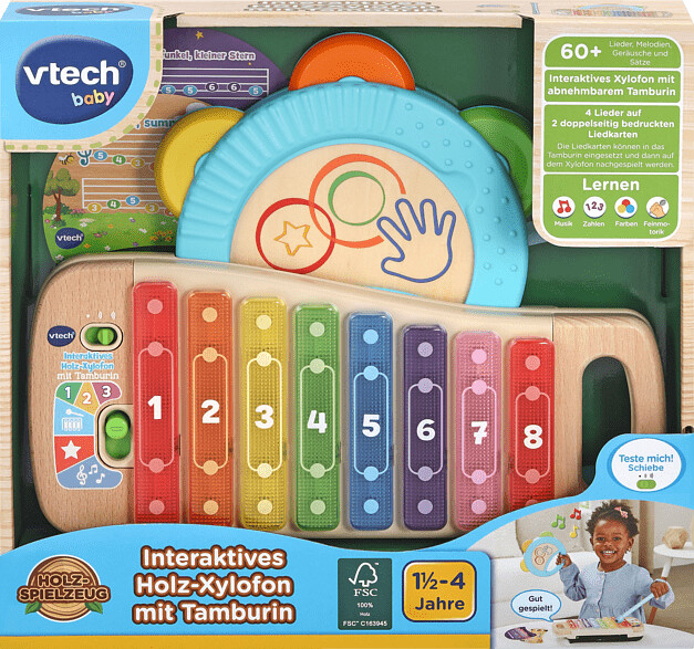 VTech Xylophone interactif en Bois pour bébé avec Tambourin – Jouet Musical  Lumineux 100 % Bois FSC® – pour Enfants de 1,5 à 4 Ans (Langue Allemande) :  Vtech: : Jeux et Jouets