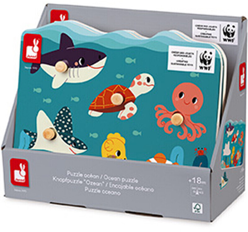 Puzzle en bois pour bébé animaux marins - Jeu d'éveil Janod et WWF®