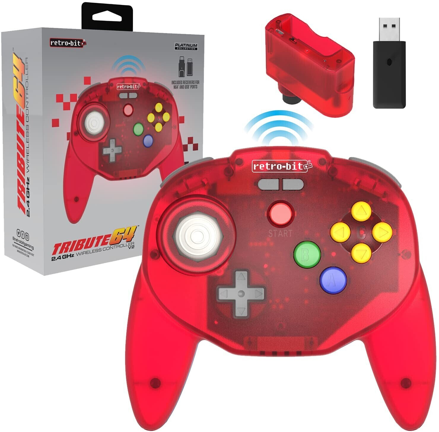 Retro Bit Tribute64 Wireless Controller Nintendo Switch Clear Red
