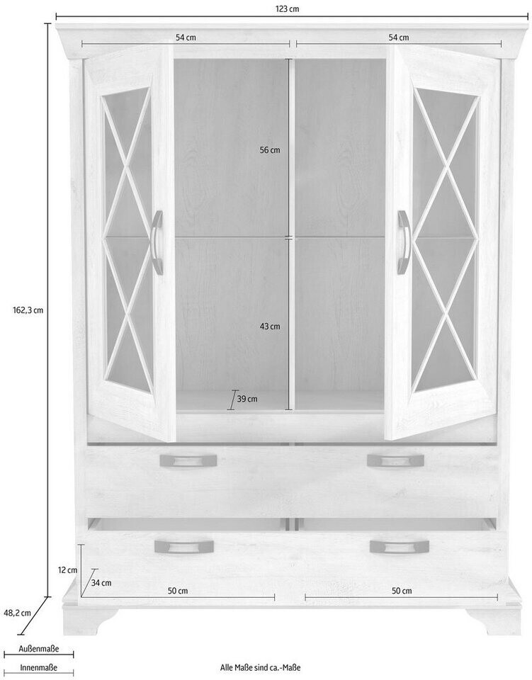 Forte Kashmir Vitrine mit 2 Glastüren und 2 Schubladen, Holzwerkstoff,  Pinie Weiß Dekor, 48,2 x 123 x 162,3 cm ab 289,00 € | Preisvergleich bei | Vitrinenschränke
