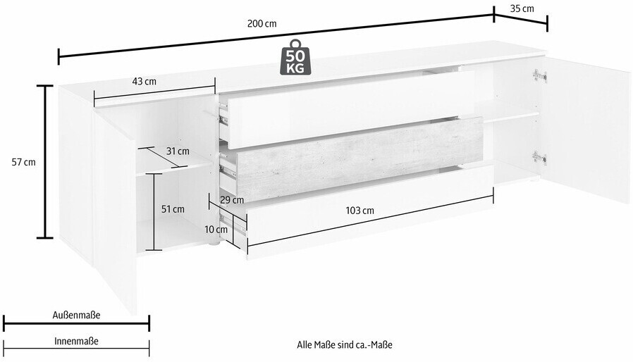 Sideboards (weiß Preisvergleich 254,99 Borchardt-Möbel bei weiß | (104603-0) hochglanz) € Lowboard ab