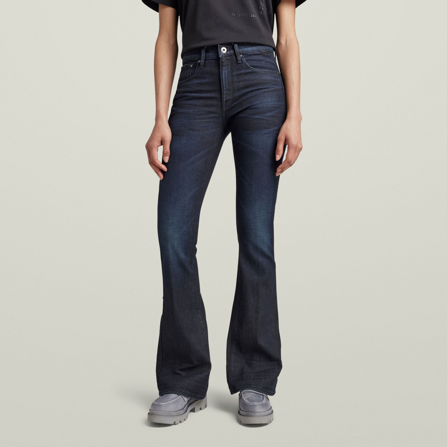 G-Star 3301 High Waist Flare Jeans worn in naval blue cobler