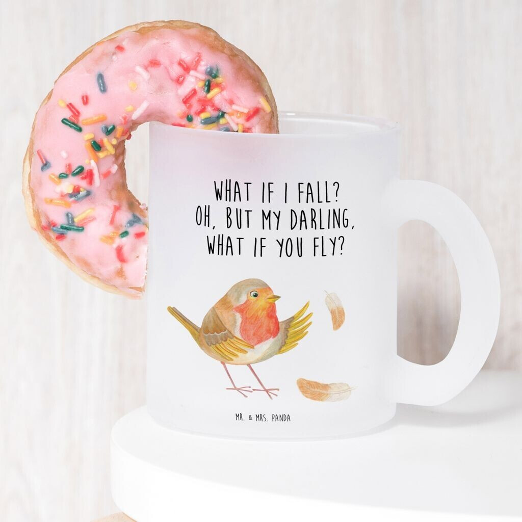 Mr. Mr. & Mrs. Panda Teacup robin with feathers flying saying courage, good mood, bird cute animal motifs - back view