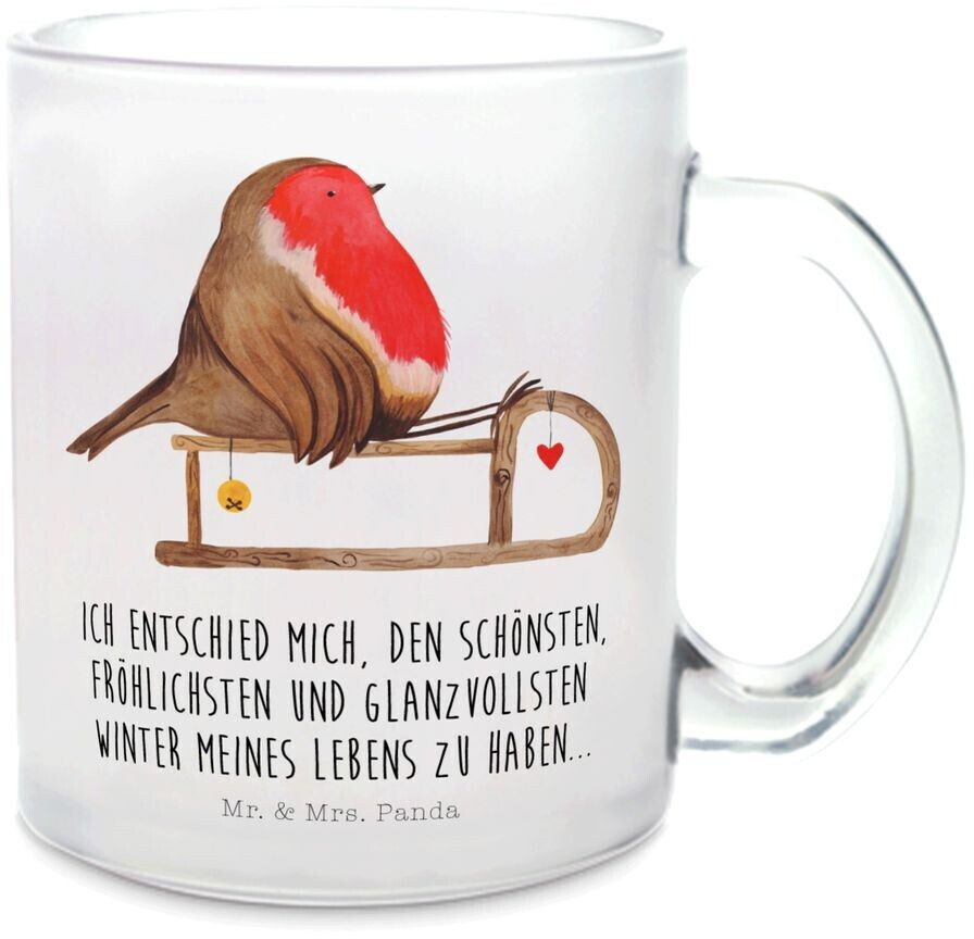 Mr. Mr. & Mrs. Panda Glas Teetasse Rotkehlchen Schlitten Wintermotiv, Weihnachtsdeko, Tasse mit Henkel, Vogel, Teebecher, Weihnachten - Product image 1 of 4