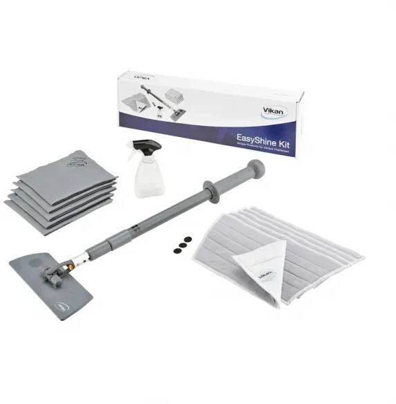 Vikan Easyshine kit with flexible mop holder, telescopic handle, holder, polishing cloths