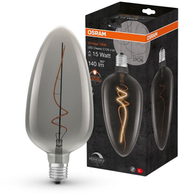Osram LED lamp replaces 15W E27 special shape in black-transparent 4W 140lm 1800K dimmable 1-pack round grey