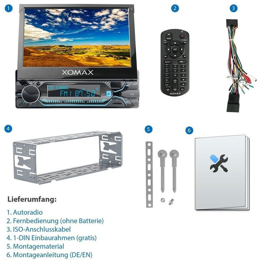 XOMAX XM-V780 Autoradio mit 7 Zoll Touchscreen Bildschirm (kapazitiv,  ausfahrbar), Bluetooth, USB, SD, 1 DIN