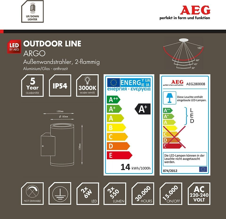 integriert bei 2flg ab AEG € (550lm, (COB), LED 2x | 6W LED Argo Außenwandleuchte anthrazit 3000K) Preisvergleich 39,95