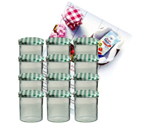 MamboCat 24er Set Sturzgläser 350 Ml - Marmeladengläser Mit Karierten Deckeln & Rezeptheft