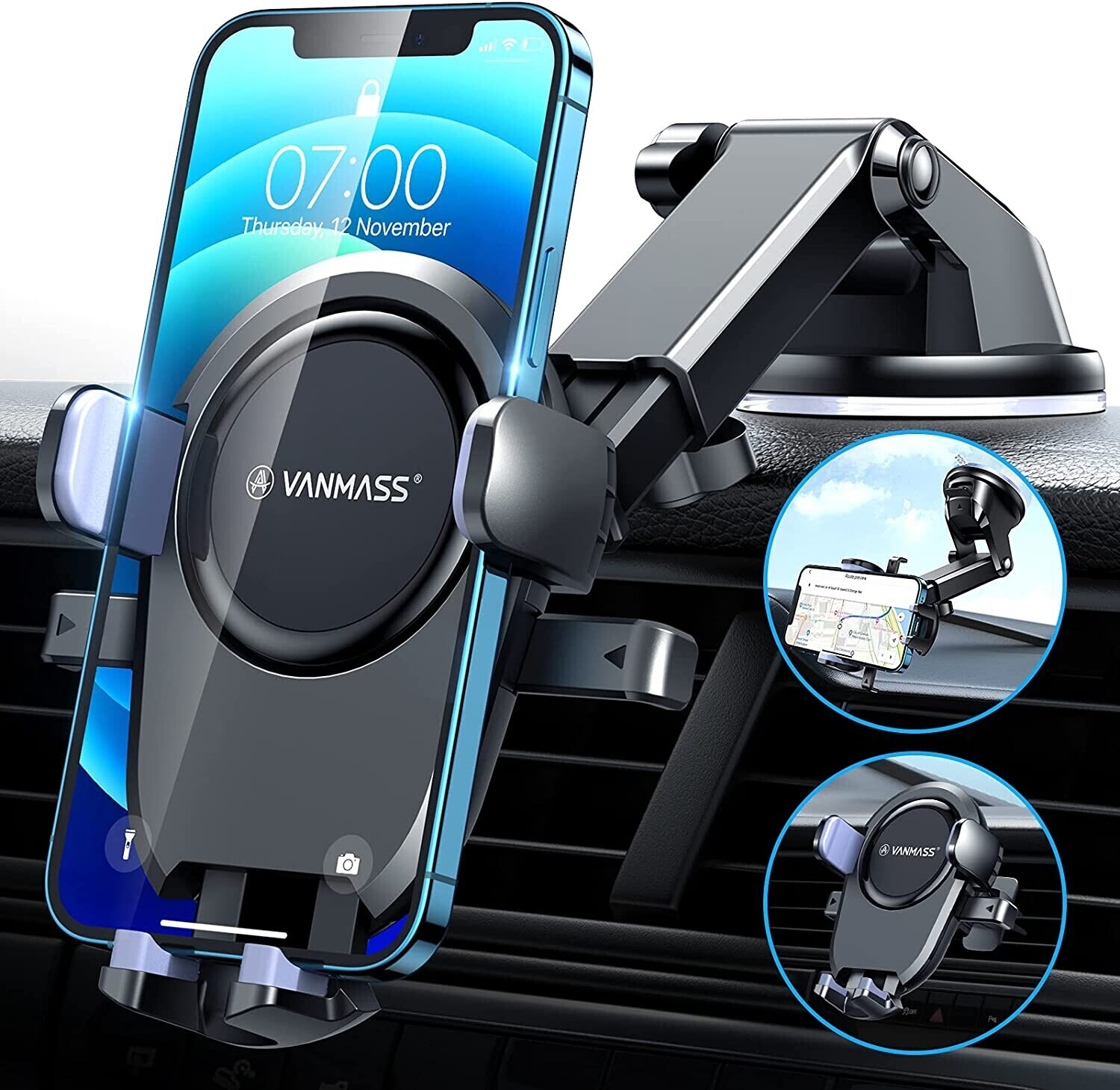 Auto-Telefonhalter Vanmass [2023 Stärkste Saug- und Clip-Halterung]  Handyhalterung für  Armaturenbrett-Windschutzscheiben-Entlüftungs-LKW-Zubehör Cradle Dash Stand  für Iphone