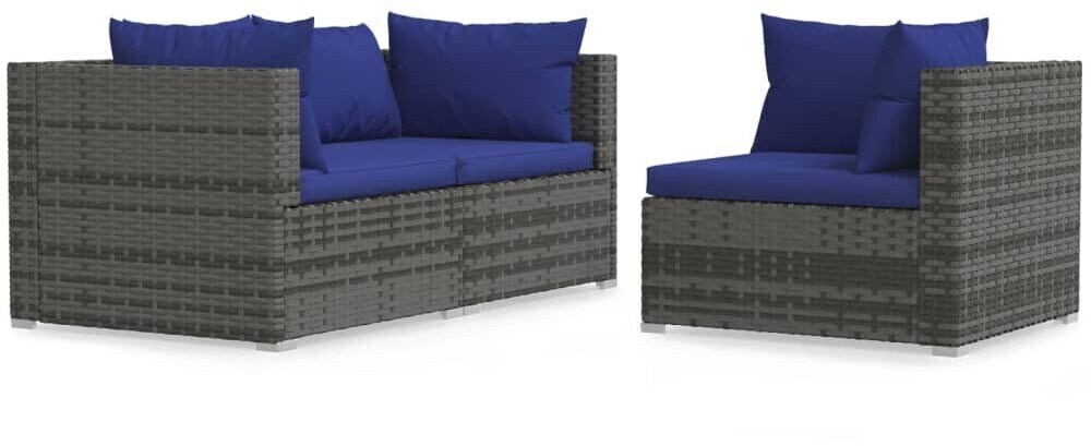 vidaXL Salon de jardin 3 pcs résine tressée gris avec coussins bleu foncé (317571)