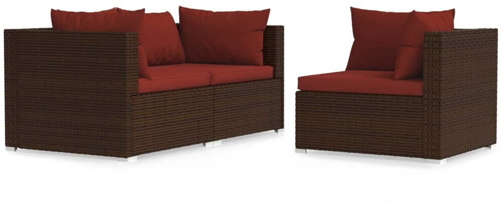 vidaXL Salon de jardin 3 pcs résine tressée marron avec coussins rouge cannelle (317549)