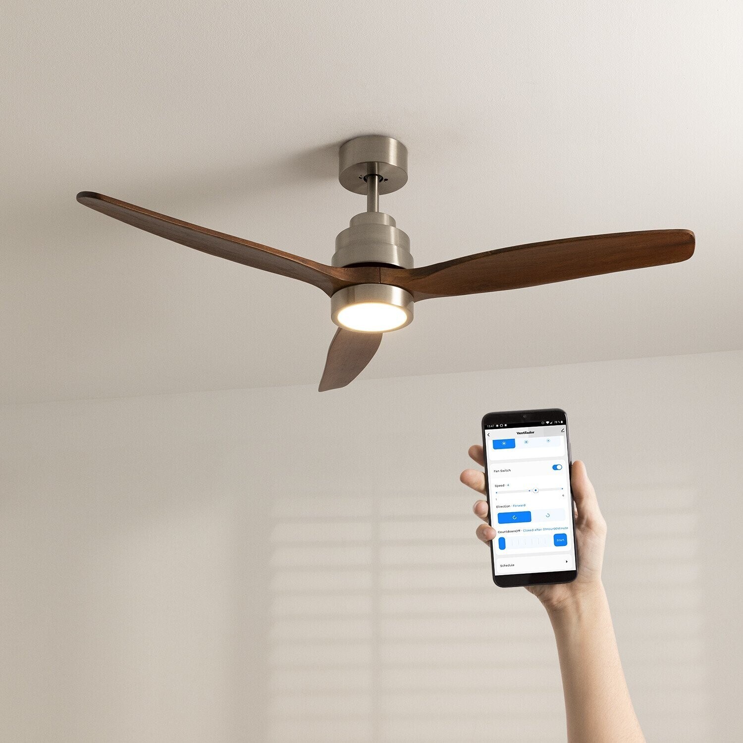 CREATE WINDSTYLANCE DC nickel & bois foncé avec lumière Wi-Fi