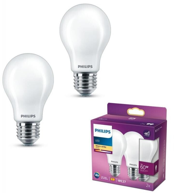 Philips 2er Set E27 LED Lampe 7W wie 60W 2700K warmweißes Licht weiß  mattiert & blendfrei ab 3,90 €