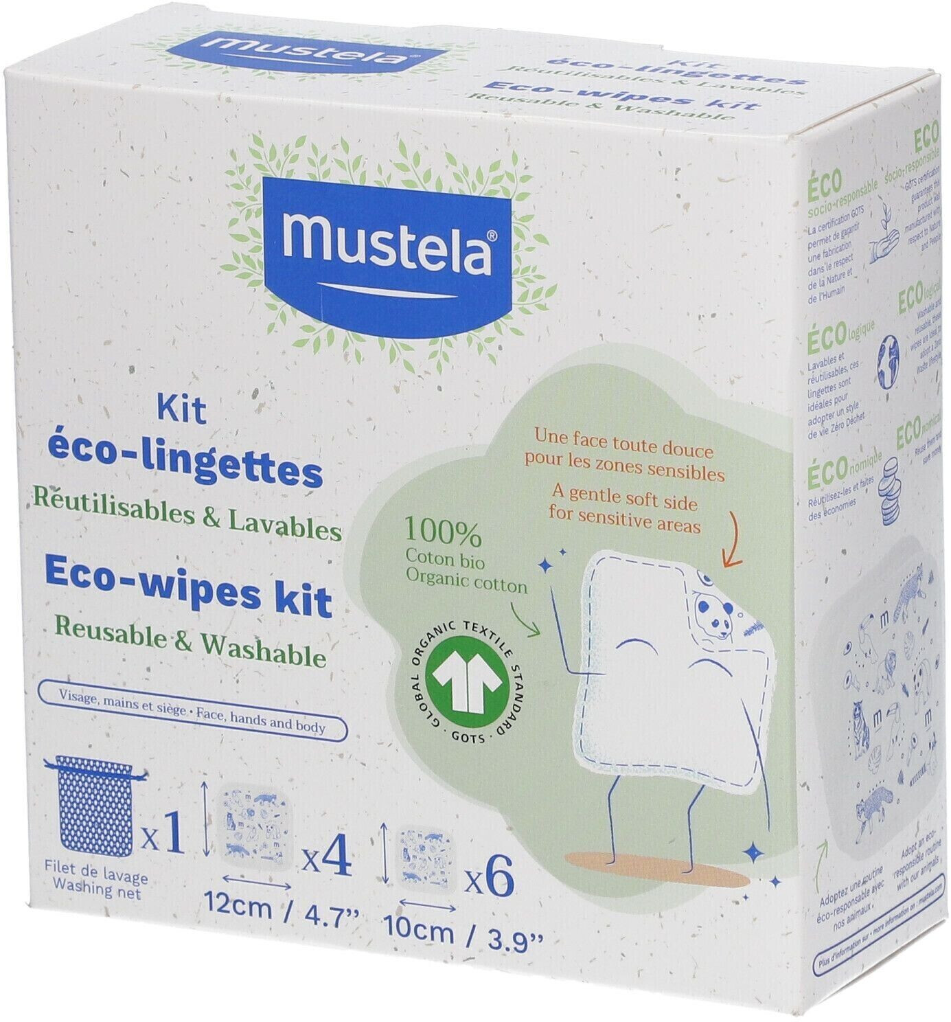 Mustela Bebe Enfant Kit Eco Lingette Contient 6 Lingette 10x10 + 4 Lingettes  12x12cm + Filet Lavage