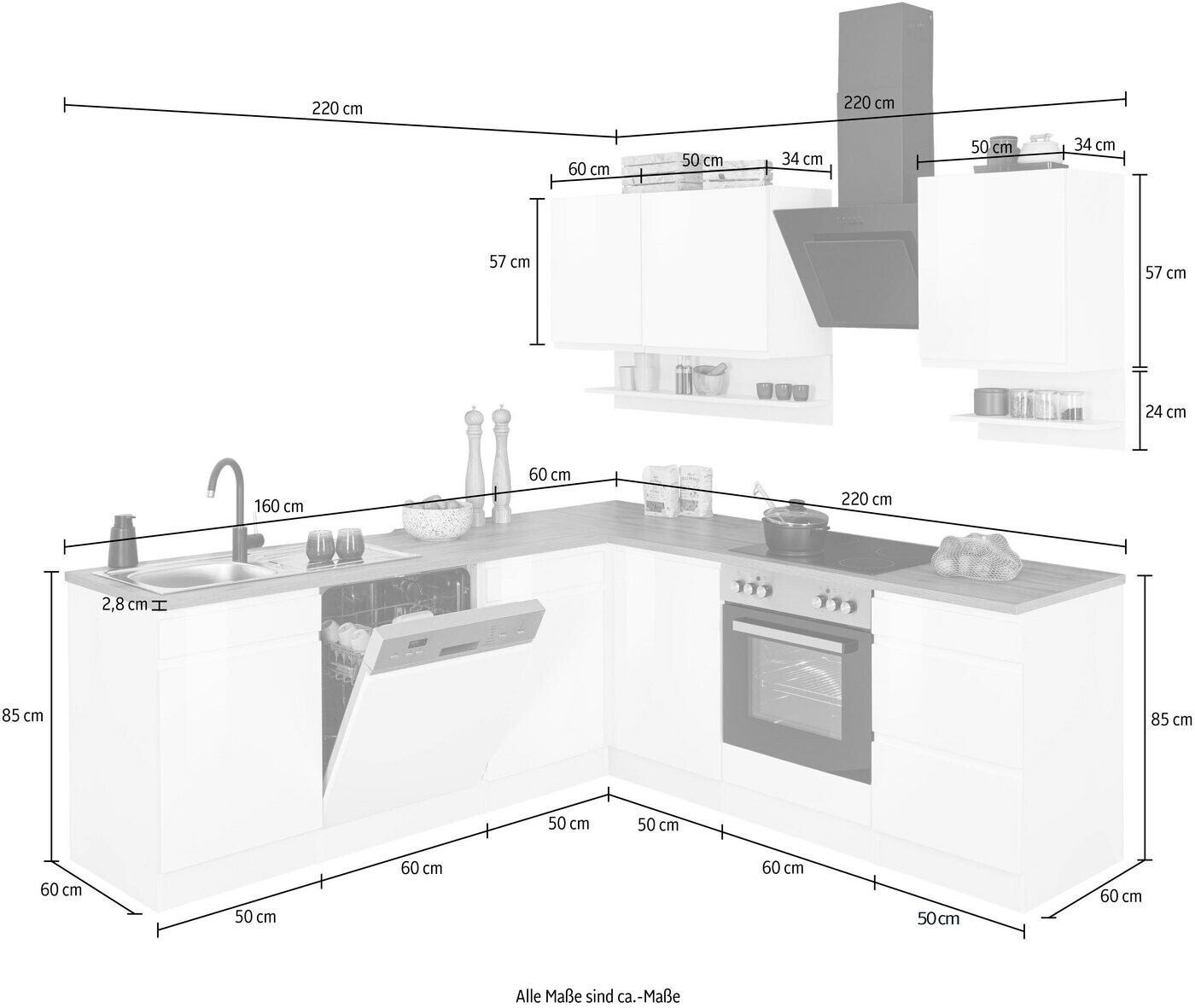 Held Möbel Komplettküchen-Sets Virginia | Eiche 1.649,99 cm 220x200x60 € ab Preisvergleich creme bei
