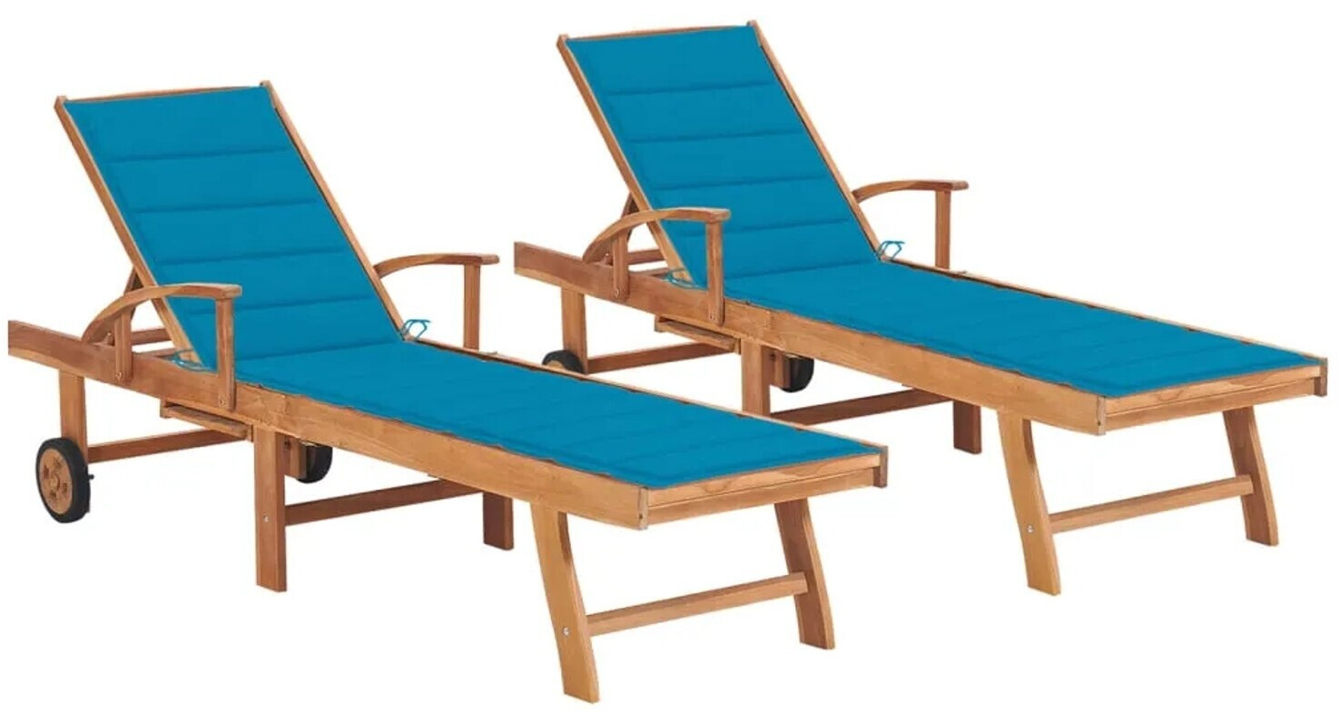 vidaXL Sonnenliegen 2 Stk. mit Auflagen Blau Massivholz Teak (3073190)