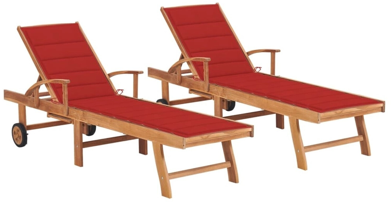vidaXL Sonnenliegen 2 Stk. mit Auflagen Rot Massivholz Teak (3073192)