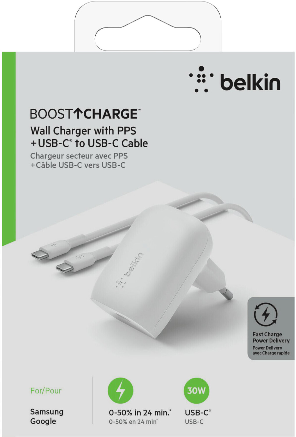 Chargeur secteur BELKIN 25W + cable USB-C vers USB-C