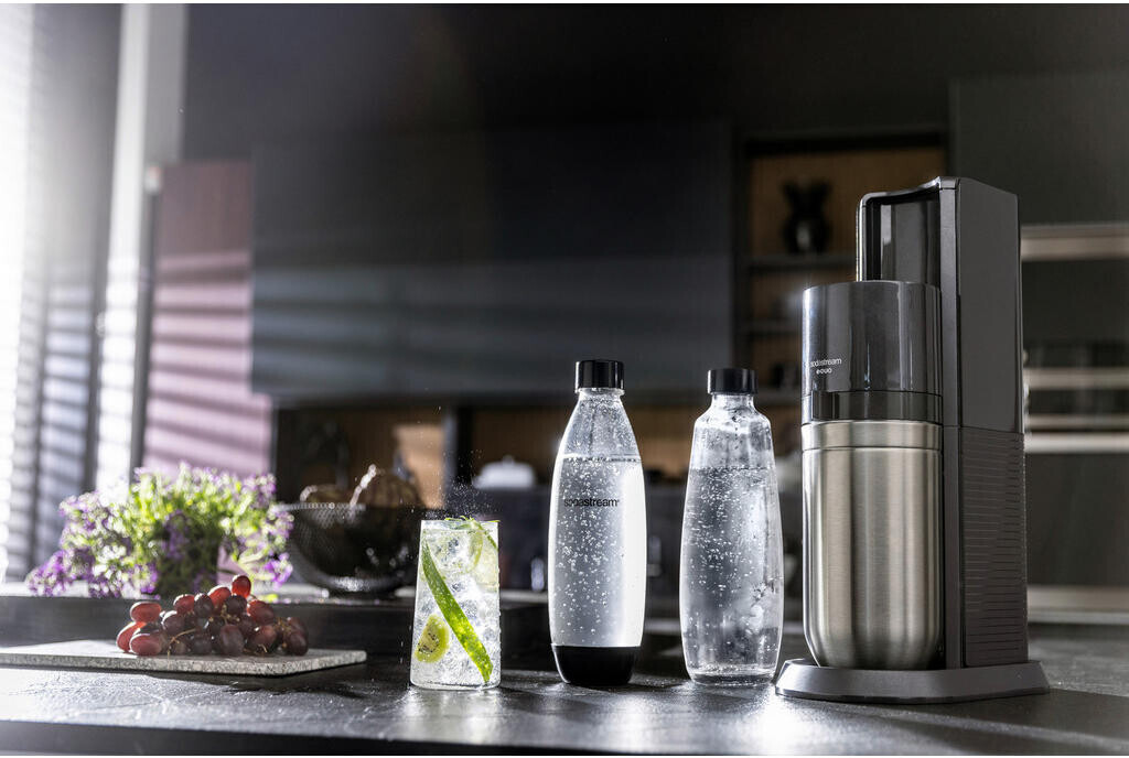 SodaStream E-Duo, Elektrischer Wassersprudler mit CO2-Zylinder, Glasflasche  und 2X 1L spülmaschinenfeste Kunststoff-Flasche, Höhe: 44cm, Farbe: Titan :  : Küche, Haushalt & Wohnen