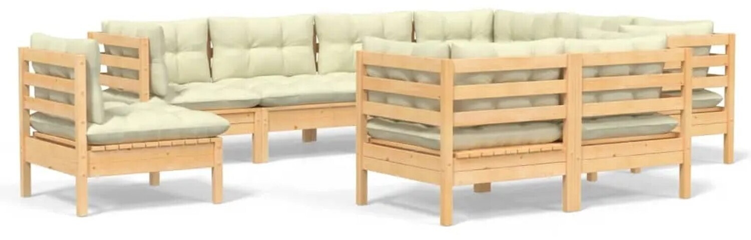 vidaXL Salon de jardin 9 pcs avec coussins crème Bois de pin solide (3096767)