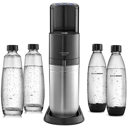 SodaStream Wassersprudler DUO mit CO2-Zylinder, 2x 1L Glasflasche und 2x 1L  spülmaschinenfeste Kunststoff-Flasche, Höhe: 44cm, Farbe: Titan,  29x25.6x44.4 : : Küche, Haushalt & Wohnen