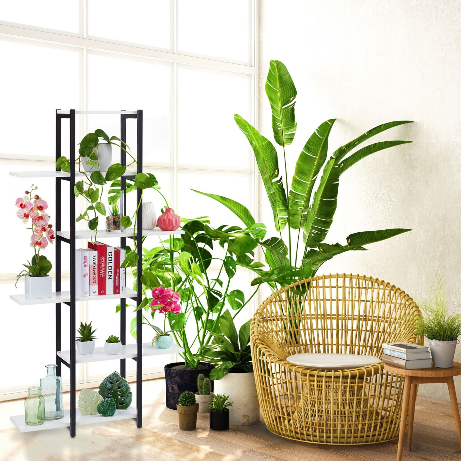Relaxdays Étagère à plantes, escalier fleurs, 6 niveaux, HLP 150 x 78 x 24  cm, acier MDF, support intérieur, noir