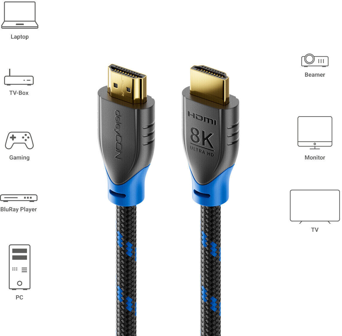 deleyCON 3m 8K HDMI Kabel 2.1 UHD 48G 8K60Hz 4K120Hz 1080p240Hz HDR