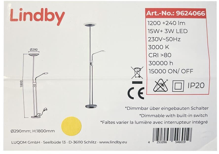 Lindby Dimmable LED floor lamp JONNE 1xLED/15W/230V + 1xLED/3W/230V