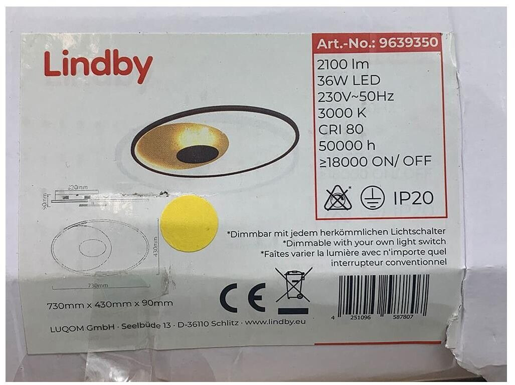 Lindby Dimmable LED ceiling light FEIVAL LED/36W/230V