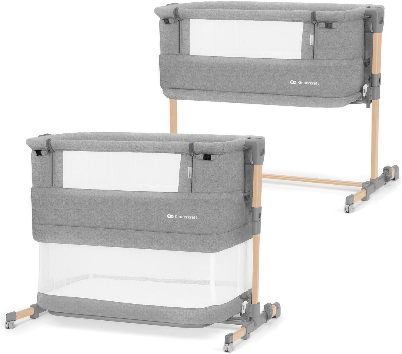 Kinderkraft BEA Adjustable Co-Sleeper Bedside Cot For Newborns - Grey, With Mattress & Sheet Set