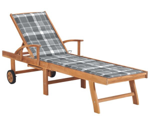 vidaXL Sonnenliege mit Auflage Karomuster Massivholz Teak grau