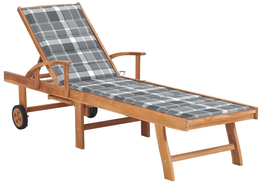 vidaXL Sonnenliege mit Auflage Karomuster Massivholz Teak grau