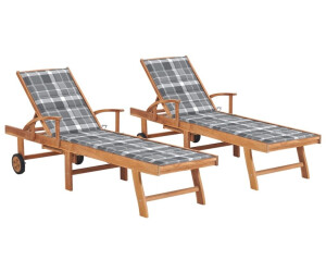 vidaXL Sonnenliegen 2 Stk. Auflagen Karomuster Massivholz Teak grau