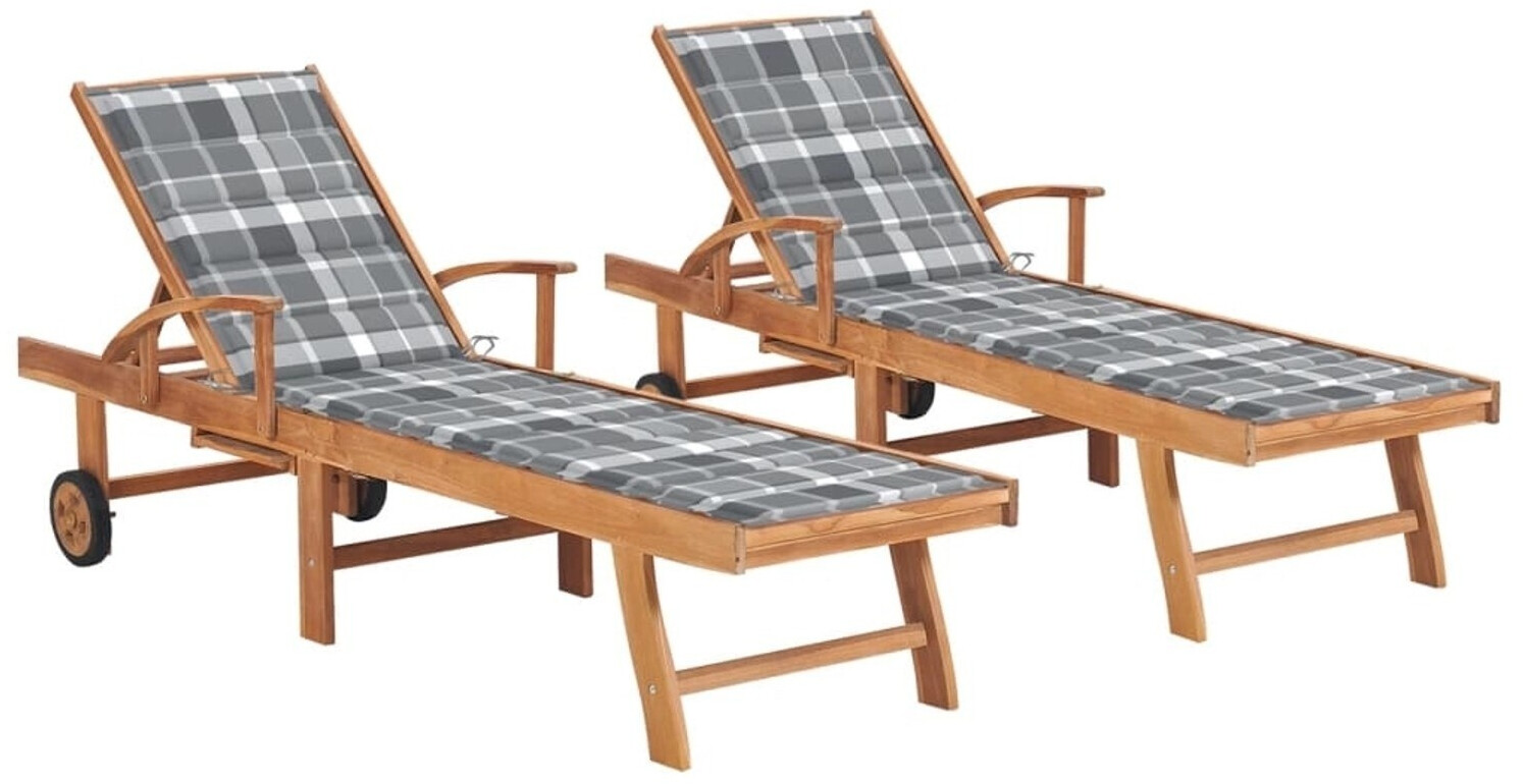 vidaXL Sonnenliegen 2 Stk. Auflagen Karomuster Massivholz Teak grau