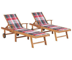 vidaXL Sonnenliegen 2 Stk. Auflagen Karomuster Massivholz Teak rot